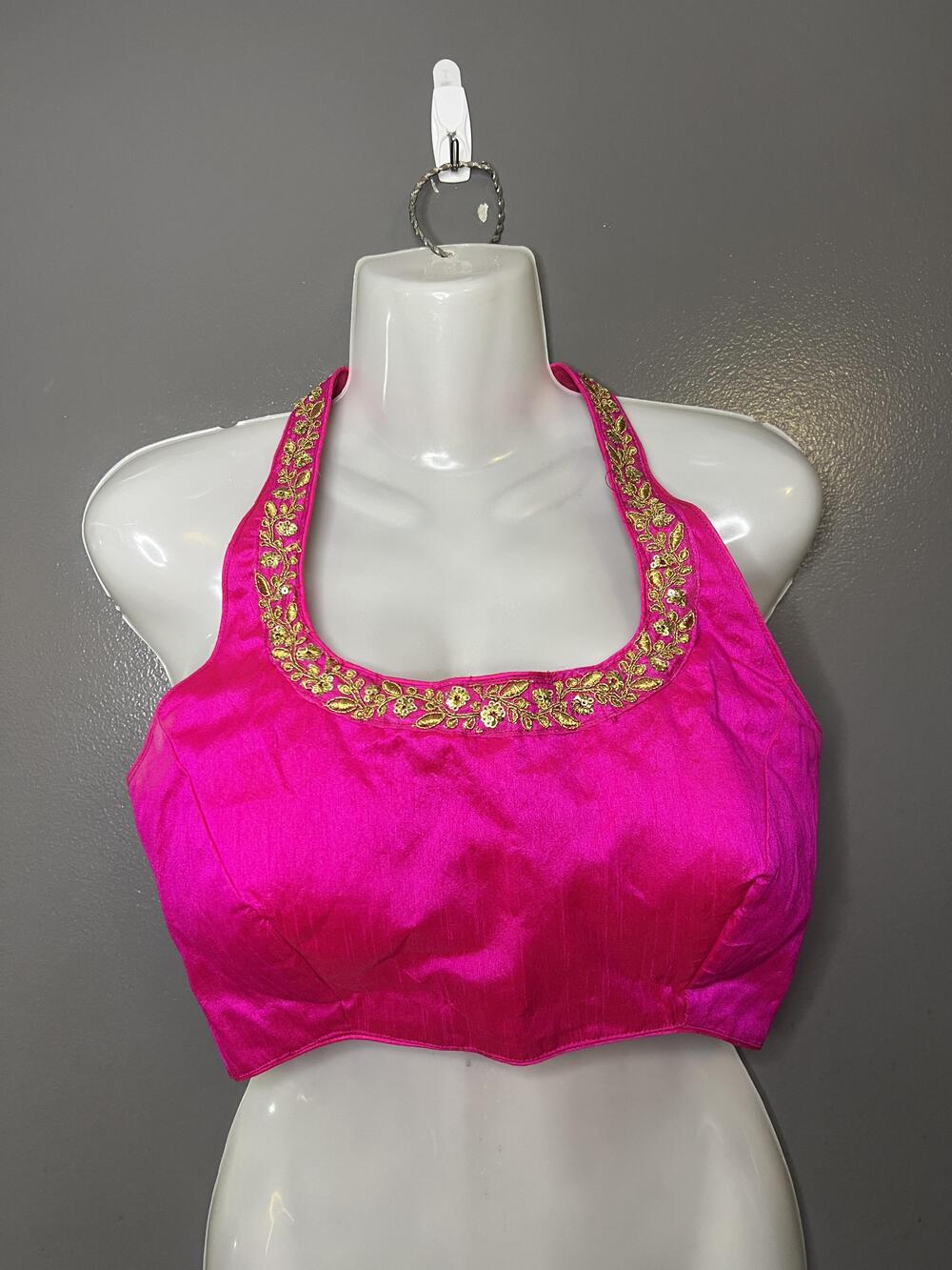 Halter Blouse Womens Med Pink Embroidered Sequin Padded Cropped Party Top